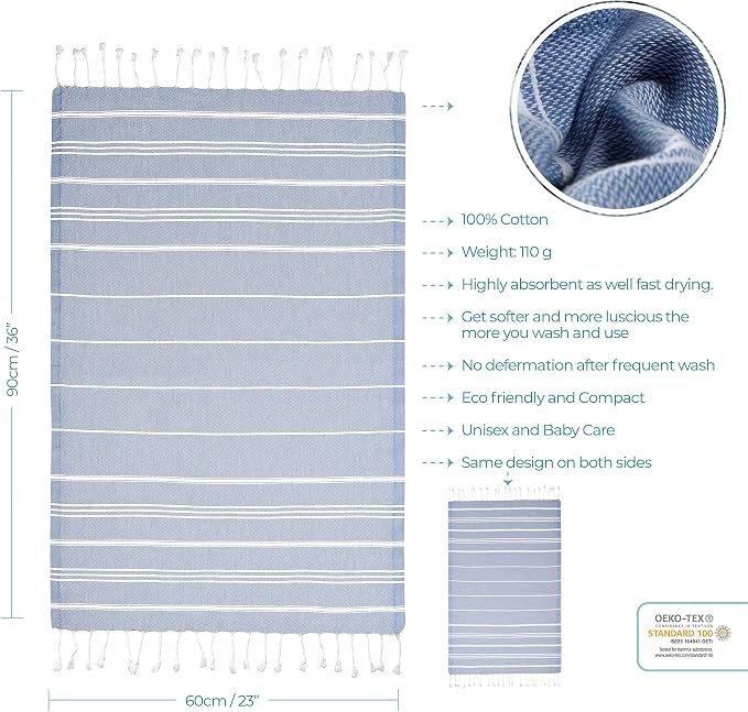 Cacala 100% Turkish Cotton Kitchen Tea Towels, Highly Absorbent Luxury Soft Quick Drying Dish Towel with Hanging Loop for Gym, Yoga, Bath, Sports, Cleaning and Kitchen (23 x 36), Grey Blue
