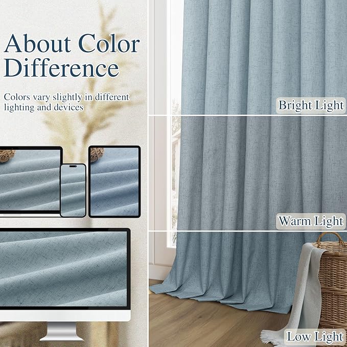 Guken Blue 100% Blackout Linen Curtains 144 Inch Length 2 Panels Set for Living Room Bedroom Back Tab Thermal Insulated Black Out Drapes Room Darkening Farmhosue Window Curtains Dusty Blue 52x144