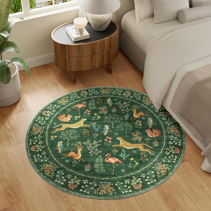 DUKINO 4ft Round Rug, Washable Animal Small Round Area Rug Non Slip, Green | Low Pile, Soft, Non-Shedding Indoor Circle Carpet for Bedroom, Entryway, Living Room, Farmhouse, Pet Friendly, Lightweight