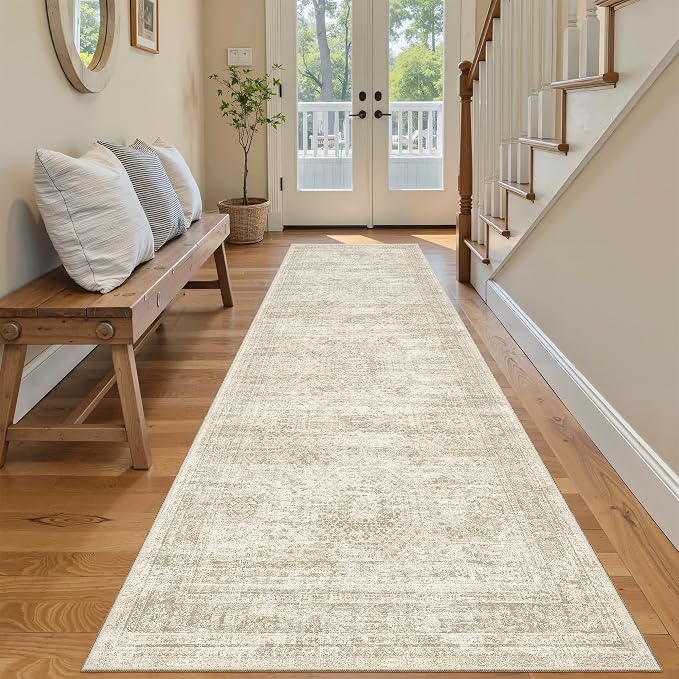 Soalmost Washable Runner Rug 2'6"x8' Kitchen Hallway Runners Beige | Soft Non-Slip 2.5x8ft Carpet for Entryway Bathroom, Low Pile Vintage Foldable Floor Mat for Corridor Laundry Room Bedroom