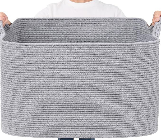Goodpick 105L Extra Large Woven Rope Blanket Basket, Rectangle, Gray | 25'' x 16'' x 16'' Storage Basket for Blankets, Pillows & Clothes, Living Room & Bedroom Organization, Reinforced Handles