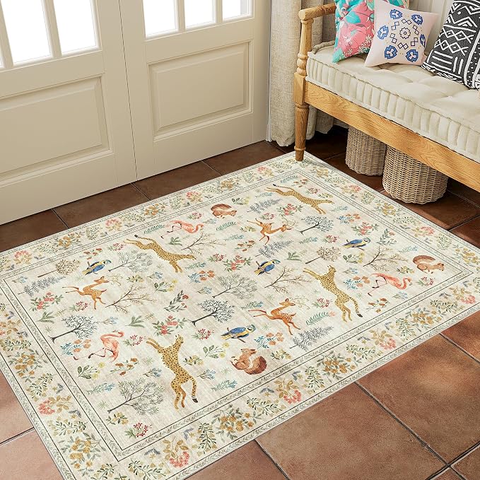 DUKINO 2x3 Entryway Rug, Washable Door Mat Animal Rug for Kitchen, Beige | Non Slip, Low Pile, Soft Indoor Small Rug for Entrance, Bedroom, Bathroom, Laundry, Pet Friendly, Lightweight, Non-Shedding