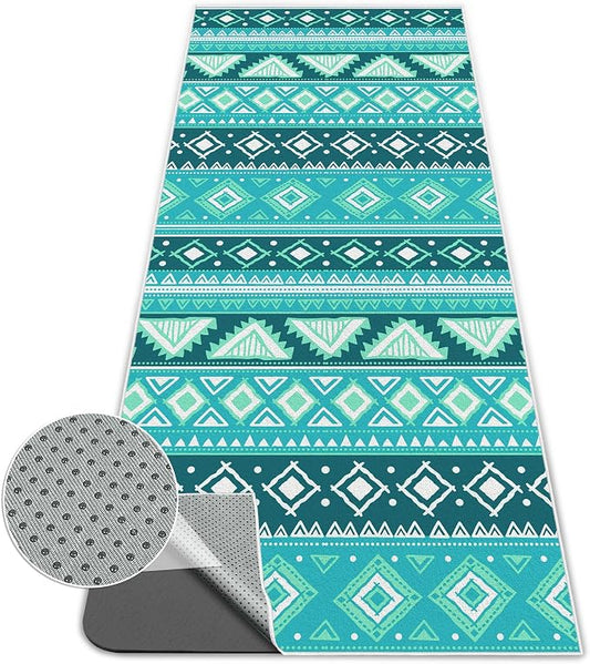 Yoga Towel,Absorbent Yoga Mat Towel for Hot Yoga Non Slip,Stylish Prints,Ideal for Workouts,Hot Yoga,Bikram,Pilates Equipment,72 x 27 in,Green Triangle Geometry