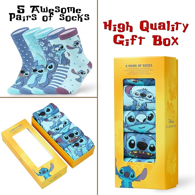 Disney Stitch Socks Gifts for Women Teens, US Size 4-9, Baby Yoda Pack of 5 Fuzzy Casual Crew Socks for Home Sleep Winter