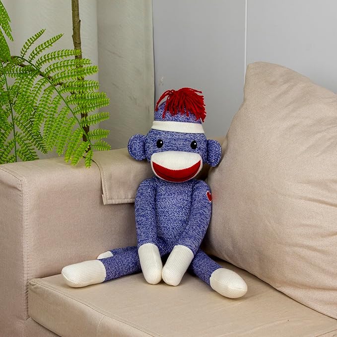 Plushland Adorable Sock Monkey, The Original Traditional Hand Knitted Stuffed Animal Toy Gift-for Kids, Babies, Teens, Girls and Boys Baby Doll Present Puppet 20 Inches (New Blue)