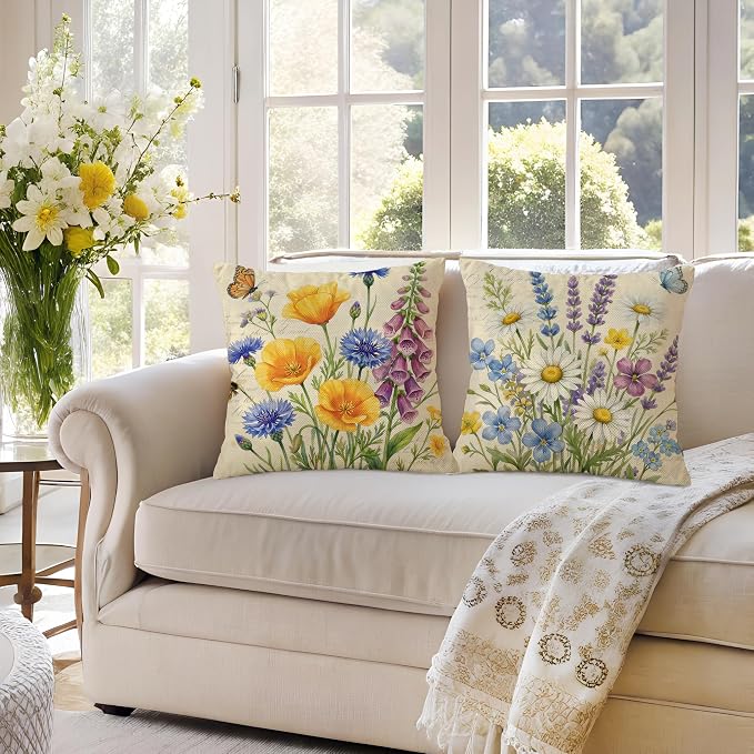 wyooxoo Throw Pillow Covers 16x16 Set of 4 Spring Pillow Covers Linen Flower Farmhouse Cushion Case for Sofa Couch Living Room Outdoor Home Decor