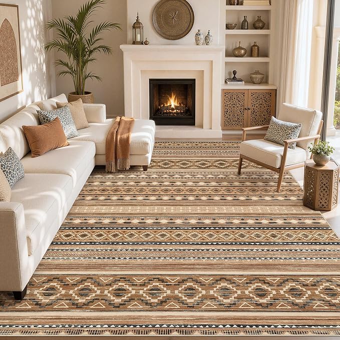 cotiled 8x10 Area Rugs Living Room Rug: Washable Boho Rugs with Non Slip Backing Large Soft Indoor Stain Resistant Carpet for Bedroom Farmhouse Dining Room Lightweight Home Decor Brown/Beige