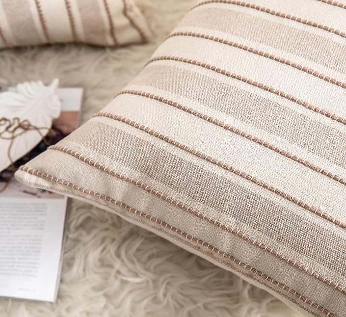 Cethom Decorative Boho Throw Pillow Covers, Farmhouse Textured Pillow Case, 20 x 20 Inch Set of 2, Chair Sofa Bedroom Living Room Home Decor Couch Cushion Case, Taupe and Beige Striped