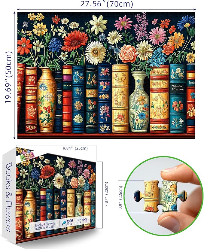 Wildflowers Books 1000 Piece Jigsaw Puzzle for Adults, Vintage Flower Book Puzzle, Floral Art Bookshelf Library Puzzles, Challenging Hard Difficult Puzzles for Adults 27.5x19.7 Inches
