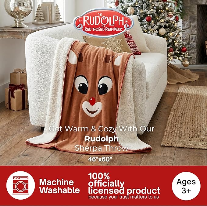 Rudolph The Red Nose Reindeer Holiday Christmas Kids Bedding Soft Plush Cozy Sherpa Blanket Throw, 46 in x 60 in, (Officially Licensed Product) by Franco