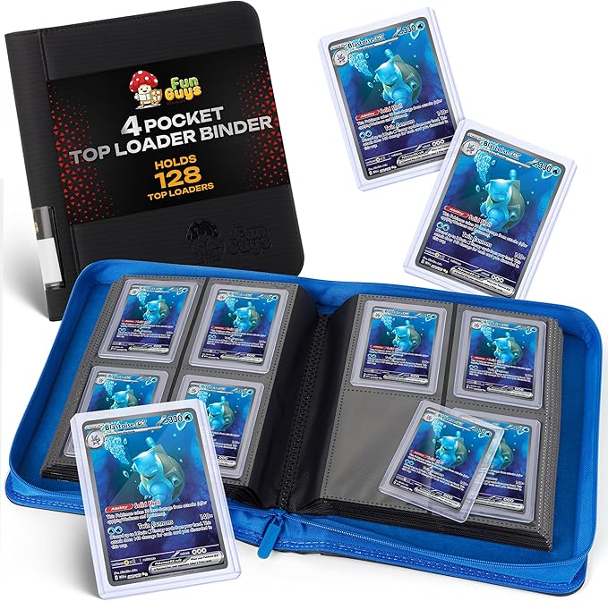FunGuys Toploader Binder – 4 Pocket Trading Card Binder for 128 Top Loaders, Pokemon Card Binder, MTG, Yugioh, Sports Cards, TCG Storage Album, Zipper Card Collector Folder
