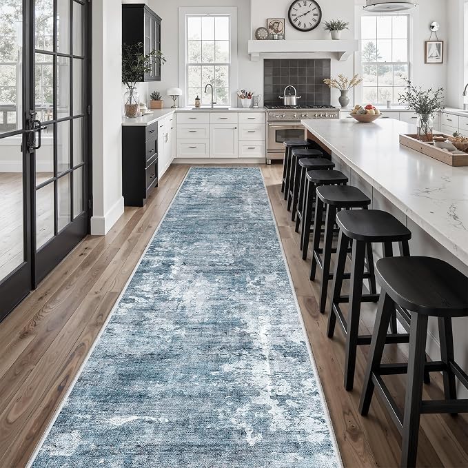 Soalmost Hallway Runner Rug 2'6" x 16' Kitchen Rugs Abstract Blue/Grey | Non-Slip Vintage Long Runners 2.5x16ft for Bathroom Entryway, Thin Low-Pile Foldable Floor Carpet Mat for Corridor Bedroom