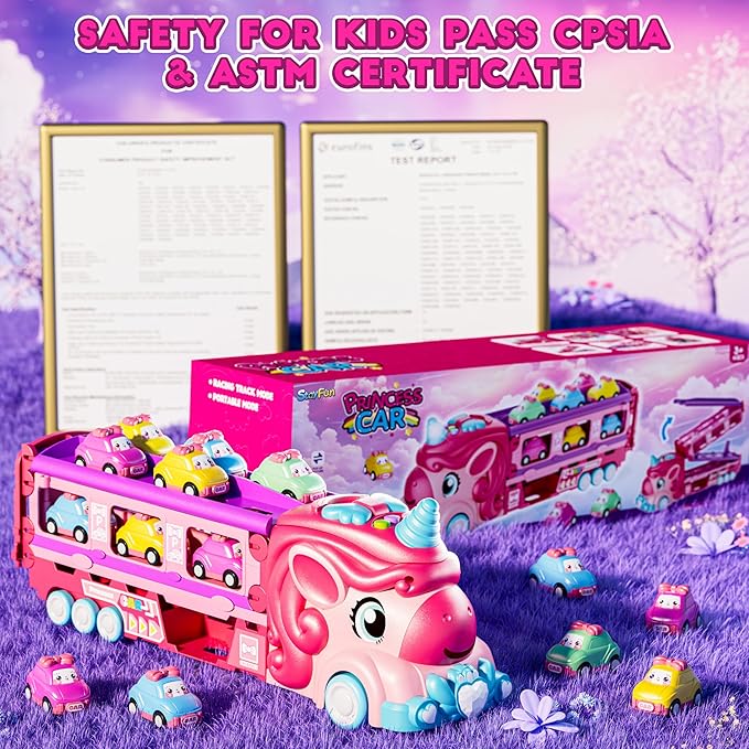 Unicorn Car Toys for 1-3 Girls, Unicorn Transport Truck Track Set W/Light & Sound, Friction Power Toy Cars W/ 6 Princess Cars, Foldable Track & Race Mode, Birthday Gift Idea for 2-4 5 6+ Toddler Kids.
