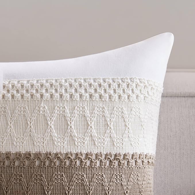 2pk Boho Pillow Covers 20x20, Natural White/Contrast/Cocoa Brown | 100% Organic Cotton Body, Stripe Embroidery, Farmhouse Decorative Cushion Covers for Sofa Bed Living Room Home Decor