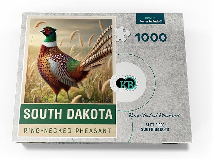 MyPuzzle State Birds Series: South Dakota, Ring-Necked Pheasant - Premium 1000 Piece Jigsaw Puzzle for Adults