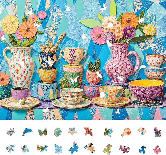 Vibrant Teapot Ceramic Collage Jigsaw Puzzles for Adults 1000 Pieces, Irregularly Shaped Difficult Puzzles Perfect for Game Night, Great Gift Idea, Size 26.65 x 19.25 in