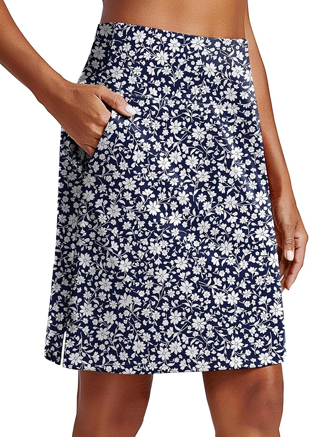 PINSPARK 20" Skorts for Woman Knee Length UPF 50+ Golf Skirts | 4 Pockets, Built-in Shorts, High Waisted, Split Hem, Silky-smooth, Moisture-wicking, for Golf Athletic Tennis Workout Casual