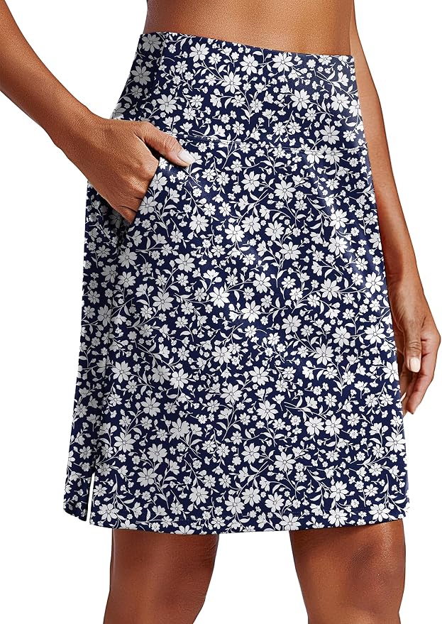 PINSPARK 20" Skorts for Woman Knee Length UPF 50+ Golf Skirts | 4 Pockets, Built-in Shorts, High Waisted, Split Hem, Silky-smooth, Moisture-wicking, for Golf Athletic Tennis Workout Casual