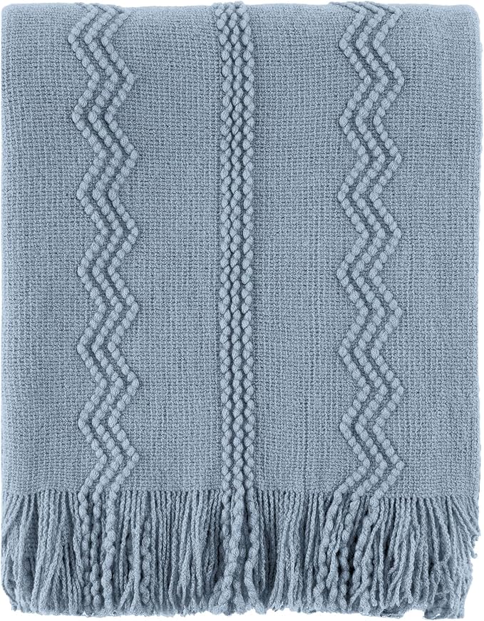 BATTILO HOME Light Blue Throw Blanket for Couch, 50"x60" | Soft Knit Throws with Tassels for Home Decor, Blue Grey Throw Blanket for Bed Sofa
