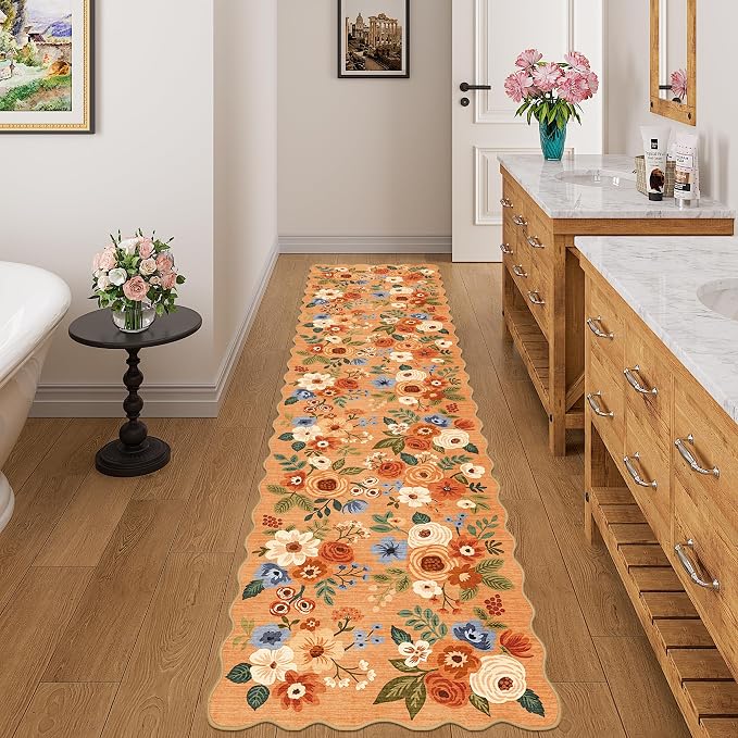 DUKINO 2x8 Washable Runner Rug, Floral Non Slip Kitchen Runner Rug, Orange | Low Pile, Soft Throw Rug Runner for Hallway, Entryway, Bedroom, Bathroom, Pet Friendly, Stain Resistant, Home Decor