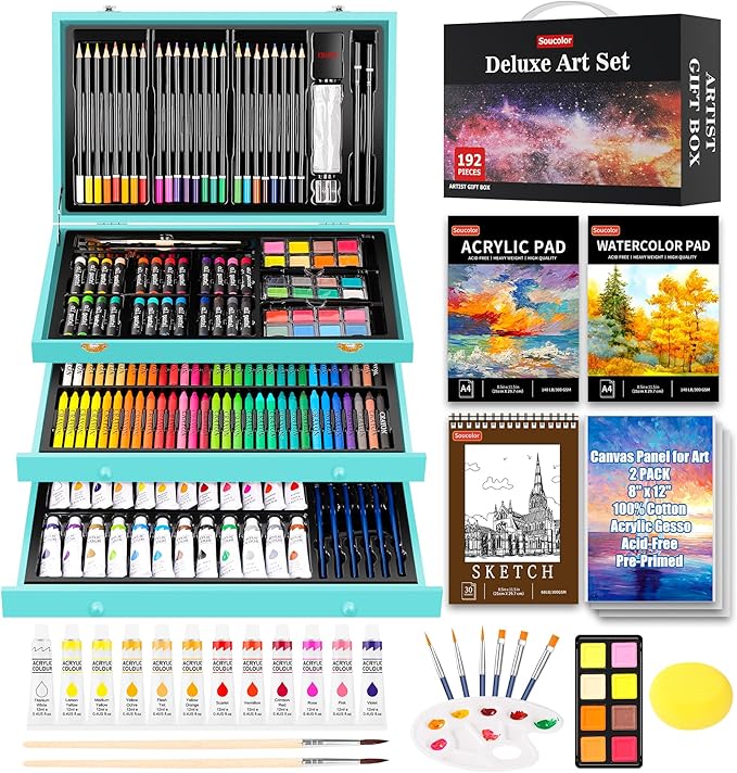 Soucolor Art Supplies, 192-Pack Deluxe Art Set Drawing Painting Supplies Art Kit with Acrylic Pad, Watercolor Pad, Sketch Book, Canvases, Acrylic Paint, Crayons, Pencils, Gifts for Artists Adults Kids