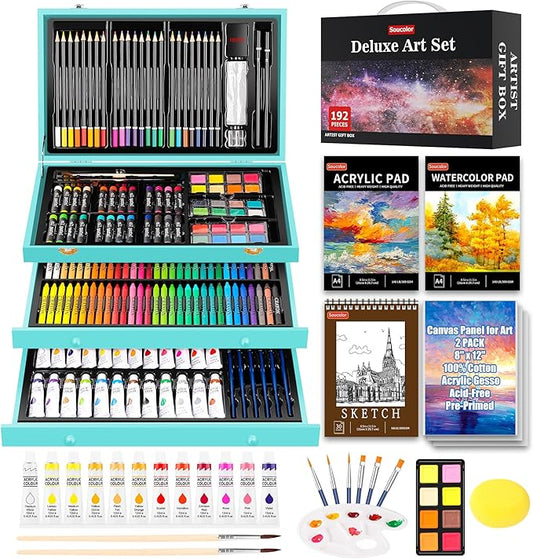Soucolor Art Supplies, 192-Pack Deluxe Art Set Drawing Painting Supplies Art Kit with Acrylic Pad, Watercolor Pad, Sketch Book, Canvases, Acrylic Paint, Crayons, Pencils, Gifts for Artists Adults Kids