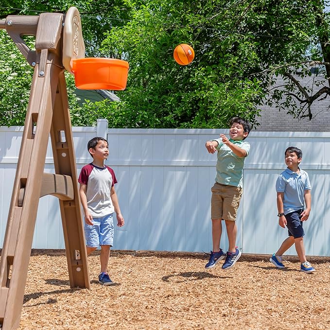 Step2 Naturally Playful Adventure Lodge Play Center with Glider, Kids Outdoor Playset, Two Tier Backyard Playground Set, Slide, Swings, Rope Ladder, Basketball Hoop, Jungle Gym, Children 3-8 Years Old