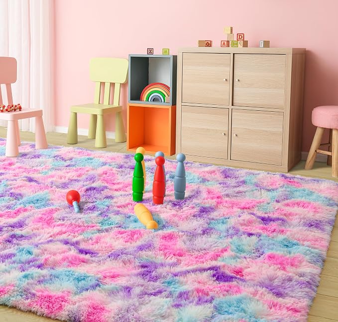 Tepook Pink Blue Purple Area Rug for Girls Room, Fluffy 6x9 Cute Soft Colorful Kids Rugs for Bedroom Dorm Classroom Nursery Playroom, Fuzzy Shaggy Rainbow Princess Carpet for Toddler Home Decor