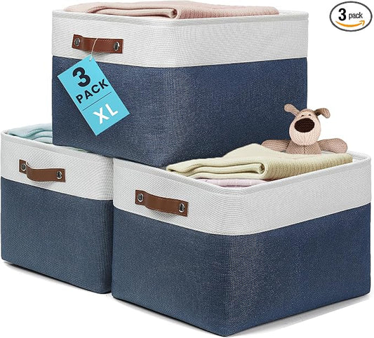 OrganiHaus 16x12.5in Storage Baskets, 3 Pack - Fabric Bins for Shelves | Vegan leather handles; a decorative linen closet organizer, towel and clothes container