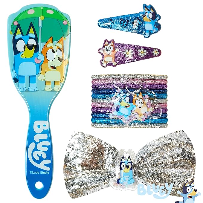 LUV HER Licenced Bluey Girls' 15-Piece Hair Accessories Set – Bluey & Bingo themed Brush, Bow, PVC Snap Clips & Lurex Elastics – Fun & Practical Hair Set for Kids Ages 3+