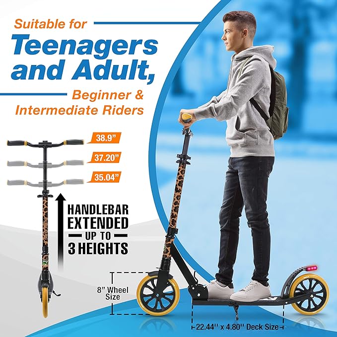 SereneLife Two Wheel Scooter for Teens, Smooth Gliding Kick Scooter for Adults w/Adjustable Height for Ages 8+, Portable All Terrain Scooter w/Carry Straps, Easy to Fold