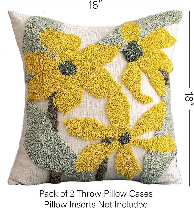 Summer Floral Throw Pillow Covers 18x18 Inch Set of 2, Chenille Embroidered Pillowcase with 3D Tufted Yellow Flowers Sage Green Leaves, Boho Decorative Cushion Covers for Couch Sofa Bed