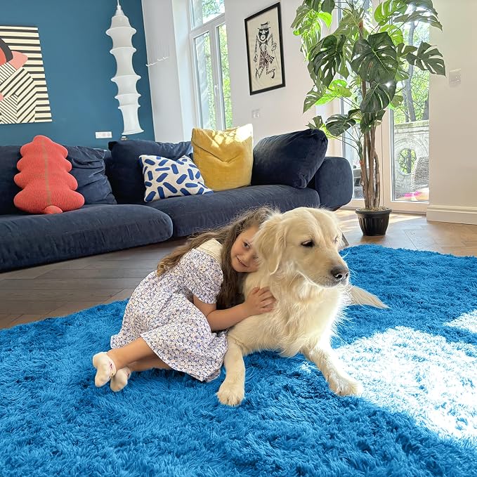 OLANLY 8x10 Machine Washable Large Area Rugs for Living Room, Bedroom, Soft Fluffy Shaggy Bedside Rug, Indoor Floor Carpet for Kids Girls and Boys, Dorms, Nursery, Home Decor Aesthetic, Bright Blue