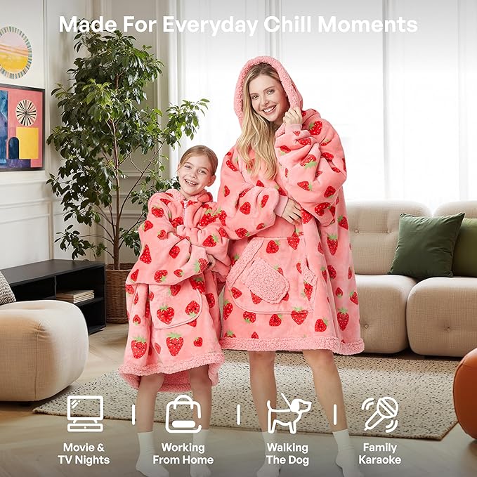 Giggling Getup Wearable Blanket Hoodie for Girls and Boys Warm Cozy Sherpa Fleece Hooded Blanket Sweatshirt Oversized Hoodie with Giant Pocket & Sleeves for Kids Strawberry
