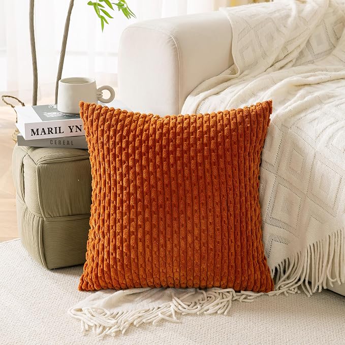 Set of 4 Burnt Orange Decorative Throw Pillow Covers 24x24 Inch Corduroy Pillow Covers for Bed Couch Sofa Living Room Soft Square Cushion Cases
