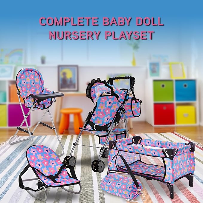 Baby Doll Stroller Bed and Seat Nursery Playset, Baby Doll Accessories Furniture Set High Chair Diaper Bag Role Play Deluxe Baby Doll Blue Set