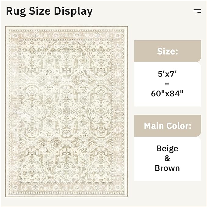 Soalmost 5x7 Area Rug Low Pile Washable Trendy Faded Style Rug, Beige/Brown | Vintage Non-Slip Indoor Accent for Bedroom Dining, Foldable Stain Resistant Floor Carpet Mat Under Table Home Office Decor