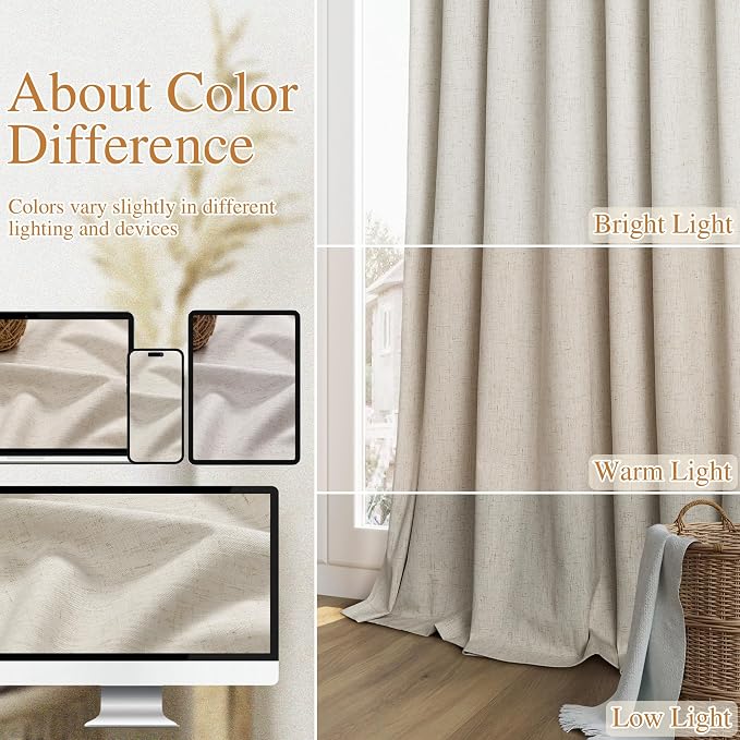 Guken 100% Blackout Linen Curtains for Bedroom 96 inches Long, Thermal Insulated Room Darkening Black Out Drapes for Living Room, Back Tab Rod Pocket 2 Panels Set,Eggshell Beige,52x96