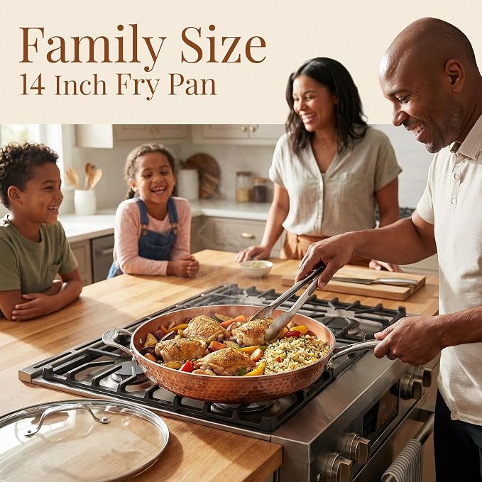 Gotham Steel Hammered Copper 14 Inch Non Stick Frying Pan with Lid, Nonstick Frying Pan with Ceramic Coating and Induction Plate for Even Heating, Oven / Dishwasher Safe, 100% Healthy & Non Toxic | Extra Large Skillet, Induction Compatible, PFOA/PFOS/P...