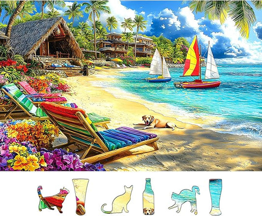 500 Piece Jigsaw Puzzle for Adults Tropical Beach Summer Scene with Sailboats & Palm Trees, Relaxing Vacation Puzzle with Letters on Back Fun Gift for Seniors, Family, Adults (23x15 Inch)