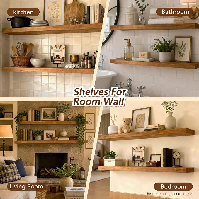ROGMARS 36 Inches Long Walnut Floating Shelves | Rustic Solid Wood Farmhouse Wall Shelves with Invisible Brackets for Bathroom, Living Room, Bedroom, Kitchen Set of 2