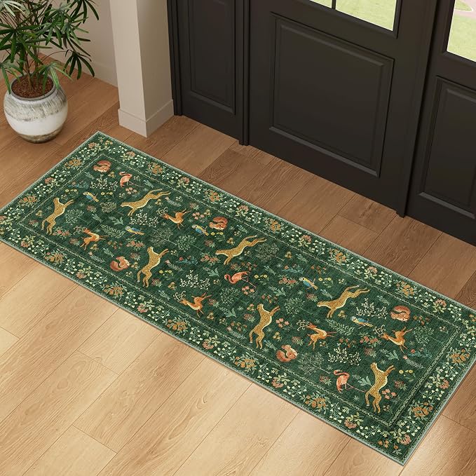 DUKINO 2x5 Rug for Hallway, Washable Animal Runner Rug Non Slip, Green | Low Pile, Stain Resistant, Soft Indoor Carpet Runner for Kitchen, Entryway, Bedroom, Bathroom, Pet Friendly, Lightweight