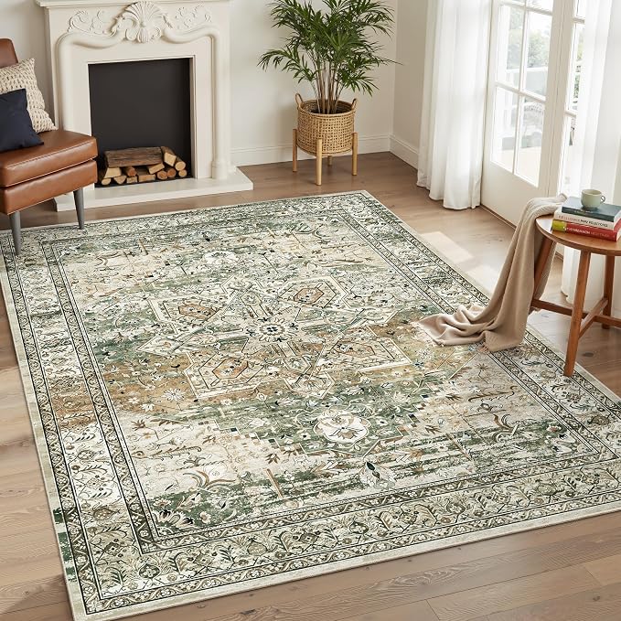 Soalmost 5x7 Area Rug Low Pile Washable Trendy Faded Style Rug, Olive Beige | Vintage Non-Slip Indoor Accent for Bedroom Dining, Foldable Stain Resistant Floor Carpet Mat Under Table Home Office Decor