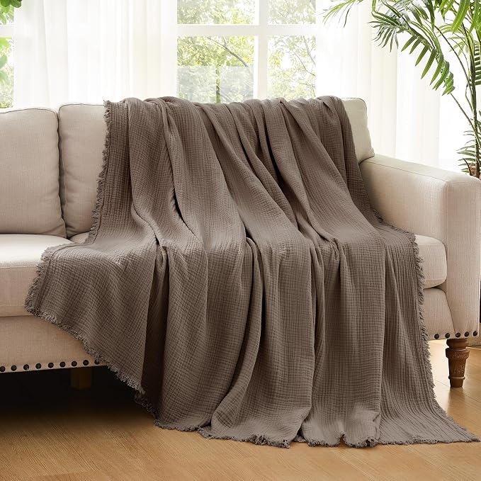 WDCOZY 100% Cotton Muslin Blanket Oversized King 4-Layer for Bed Breathable Lightweight Soft Large Boho Farmhouse Linen Tassels Ruffle Gauze Blankets 102x120 Inches Brown Mocha Chocolate Coffee Taupe