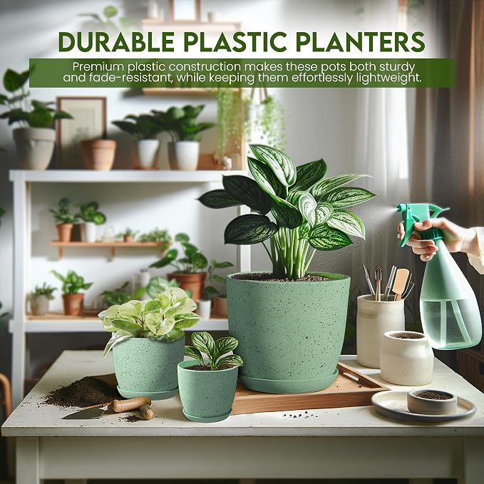 Plant Pots Indoor with Drainage 10 Pack Multi-Size Planters Set Spotty Mint | Drainage holes included Multiple sizes 7/6.6/6/5.3/4.8 In Indoor plants and flowers Durable plastic construction