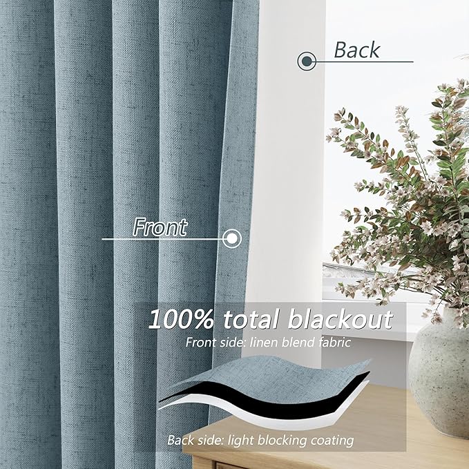 Guken Blue 100% Blackout Linen Curtains 144 Inch Length 2 Panels Set for Living Room Bedroom Back Tab Thermal Insulated Black Out Drapes Room Darkening Farmhosue Window Curtains Dusty Blue 52x144