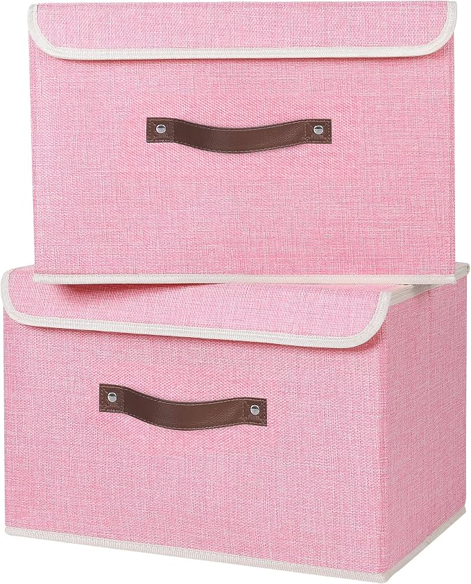 ANMINY Fabric Storage Box Bins with Lids, Pink, 13"x9"x7.9", 4 Pack | Keepsake Memory Storage, Cotton Linen, PP Board Reinforced, Washable, PU Handles, Foldable & Stackable, Decorative, Medium