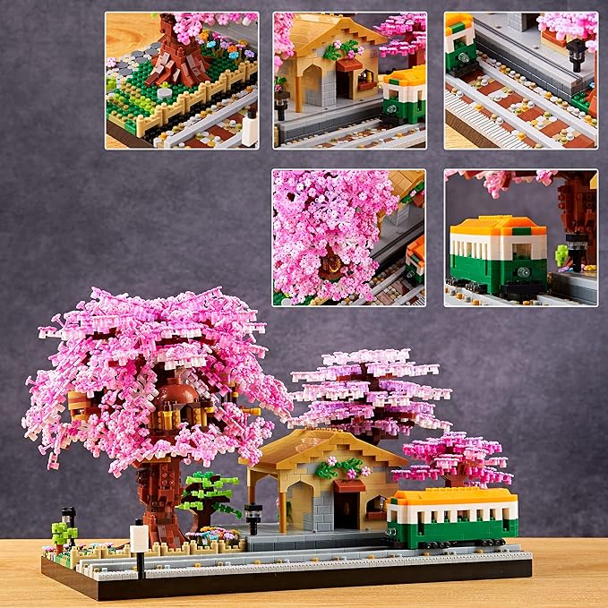 Japanese Cherry Blossom Train Station Micro Building Blocks Set - Creative Mini Bricks Model Kit for Adults and Kids (3668 PCS) with Figures