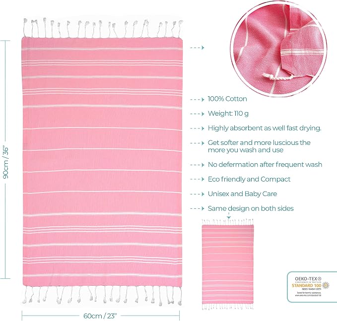 Cacala 100% Turkish Cotton Kitchen Tea Towels, Highly Absorbent Luxury Soft Quick Drying Dish Towel with Hanging Loop for Gym, Yoga, Bath, Sports, Cleaning and Kitchen (23 x 36), Pink