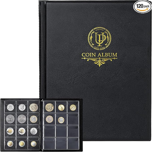 120 Pockets Coin Album - Coin Collecting Book with 10 Pages, 45x43 mm Grid Holder for Pounds Pence Cents Dollars Nickel (Black) CS48120BK